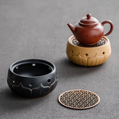 Teapot Warmer Black Ceramic Lotus Design With Copper Pad