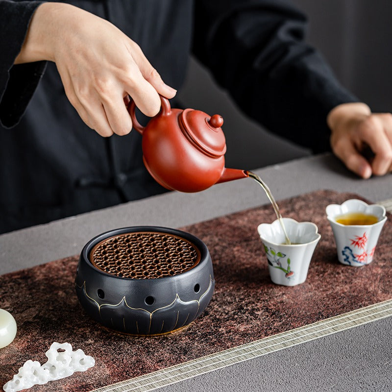 Teapot Warmer Black Ceramic Lotus Design With Copper Pad