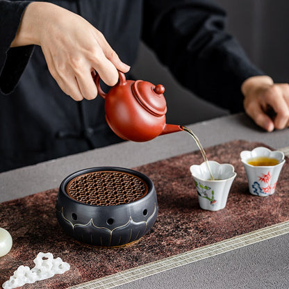Teapot Warmer Black Ceramic Lotus Design With Copper Pad