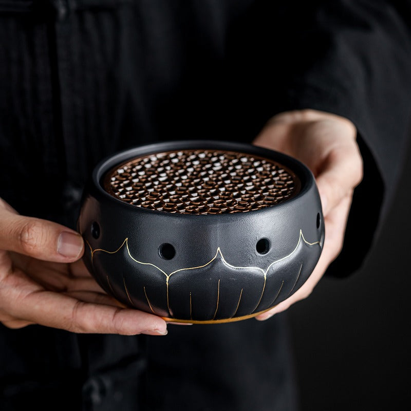 Teapot Warmer Black Ceramic Lotus Design With Copper Pad
