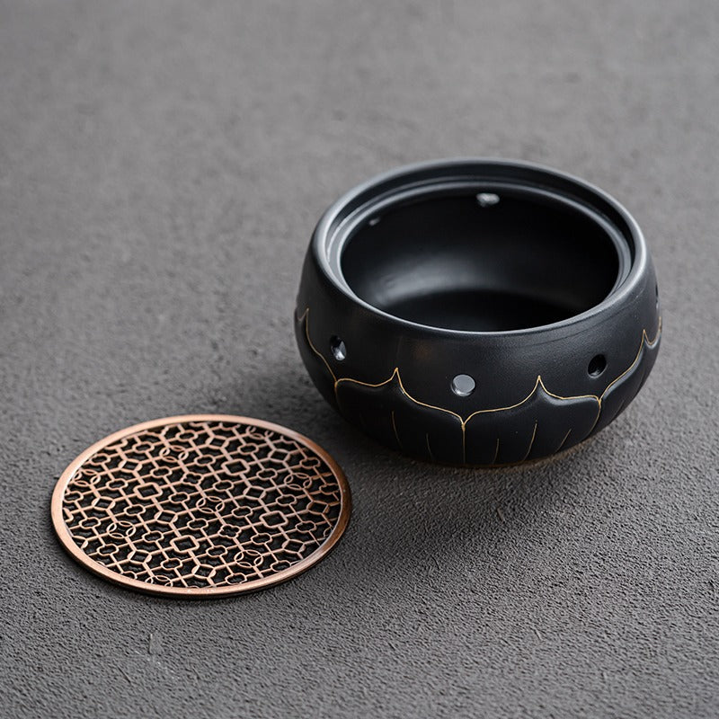 Teapot Warmer Black Ceramic Lotus Design With Copper Pad