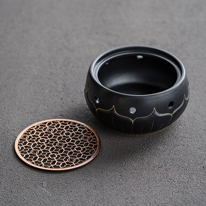 Teapot Warmer Black Ceramic Lotus Design With Copper Pad