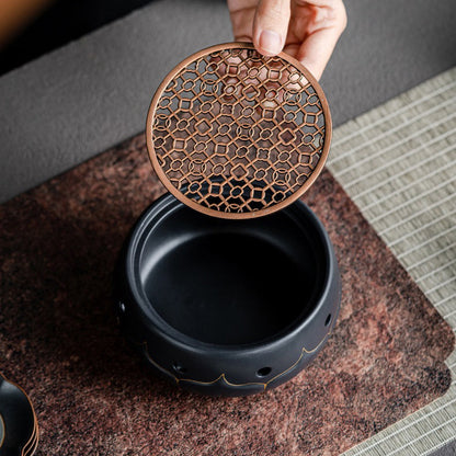 Teapot Warmer Black Ceramic Lotus Design With Copper Pad