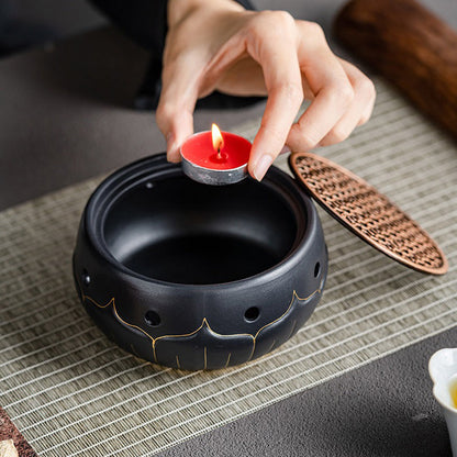 Teapot Warmer Black Ceramic Lotus Design With Copper Pad