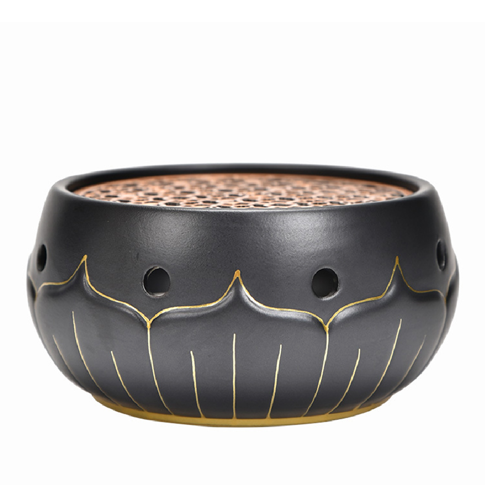 Teapot Warmer Black Ceramic Lotus Design With Copper Pad