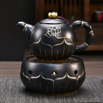 Teapot Warmer Black Ceramic Lotus Design With Copper Pad