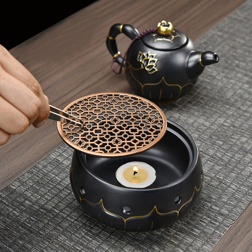 Teapot Warmer Black Ceramic Lotus Design With Copper Pad