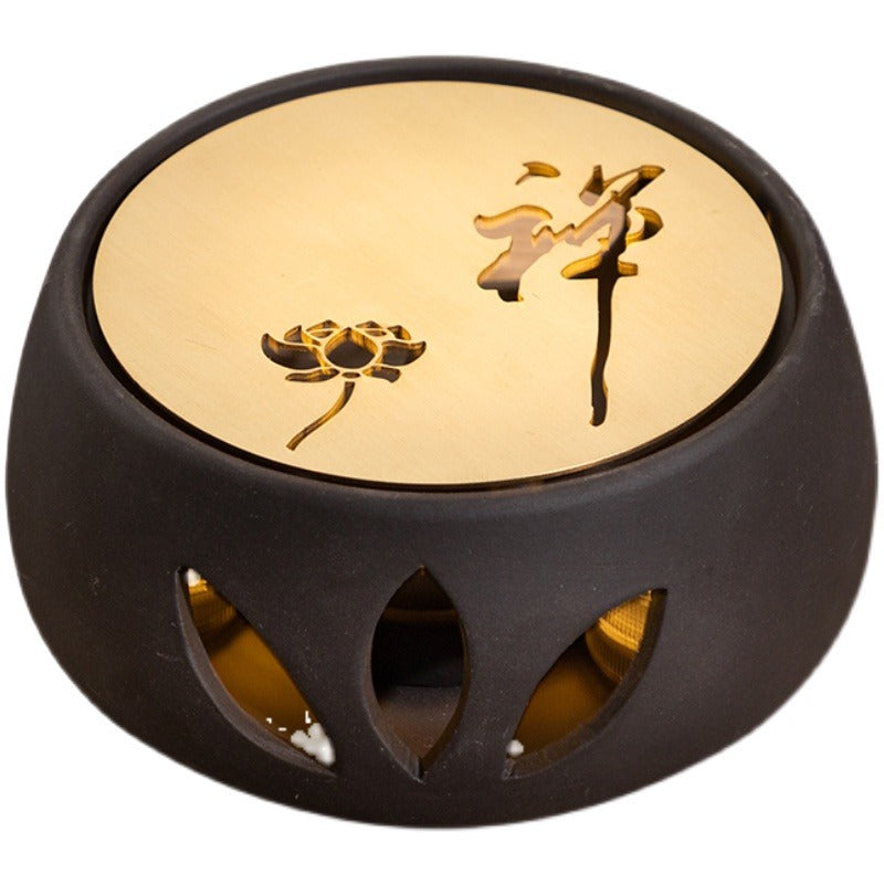 Teapot Warmer Candle Holder Black Clay Copper Plate Lotus Design