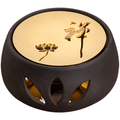 Teapot Warmer Candle Holder Black Clay Copper Plate Lotus Design