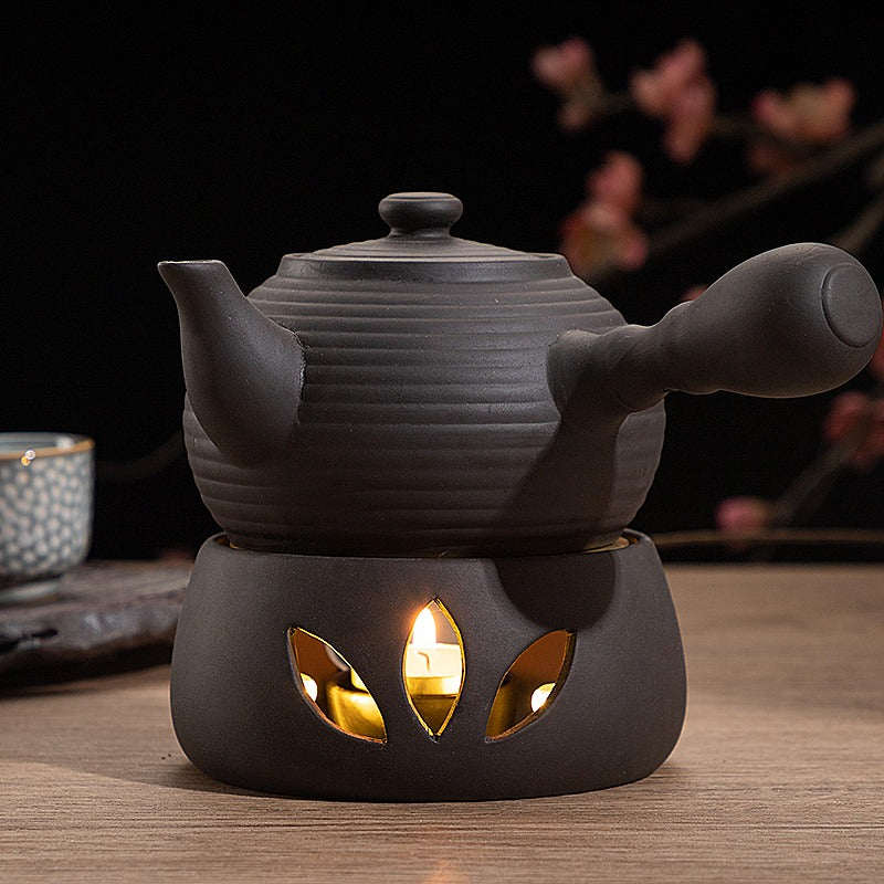 Teapot Warmer Candle Holder Black Clay Copper Plate Lotus Design
