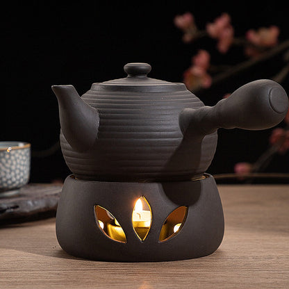 Teapot Warmer Candle Holder Black Clay Copper Plate Lotus Design