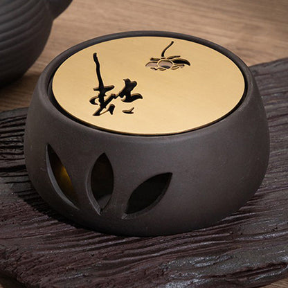 Teapot Warmer Candle Holder Black Clay Copper Plate Lotus Design