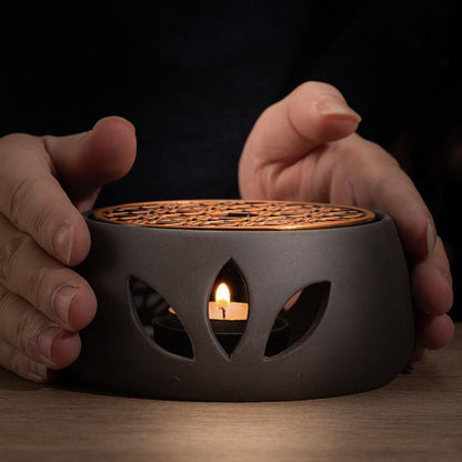 Teapot Warmer Candle Holder Black Clay Copper Plate Lotus Design