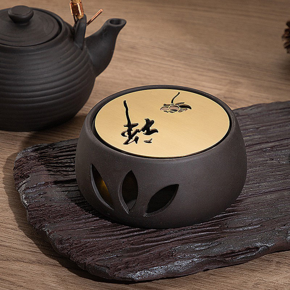 Teapot Warmer Candle Holder Black Clay Copper Plate Lotus Design