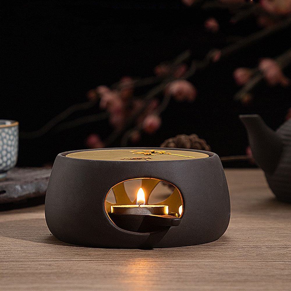 Teapot Warmer Candle Holder Black Clay Copper Plate Lotus Design