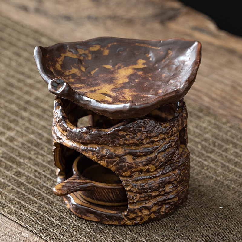 Candle Tea Warmer Pottery Tree Stump Leaf Saucer 3-Piece