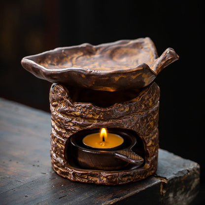 Candle Tea Warmer Pottery Tree Stump Leaf Saucer 3-Piece