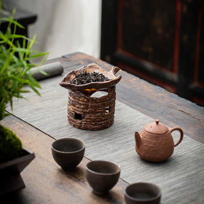 Candle Tea Warmer Pottery Tree Stump Leaf Saucer 3-Piece