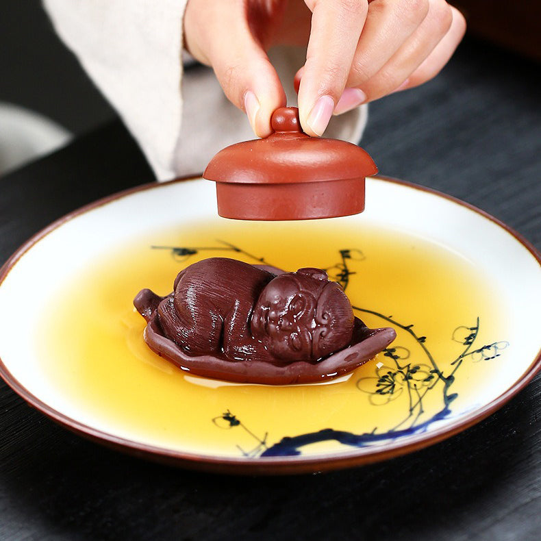 Tea Pet Zisha Clay Monkey on Bodhi Leaf – Yixing Handmade