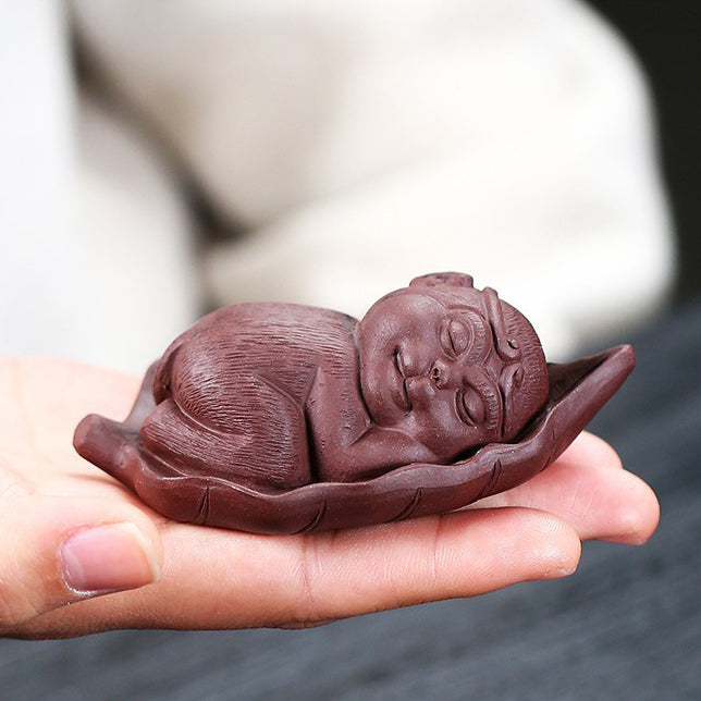 Tea Pet Zisha Clay Monkey on Bodhi Leaf – Yixing Handmade