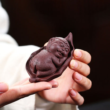 Tea Pet Zisha Clay Monkey on Bodhi Leaf – Yixing Handmade