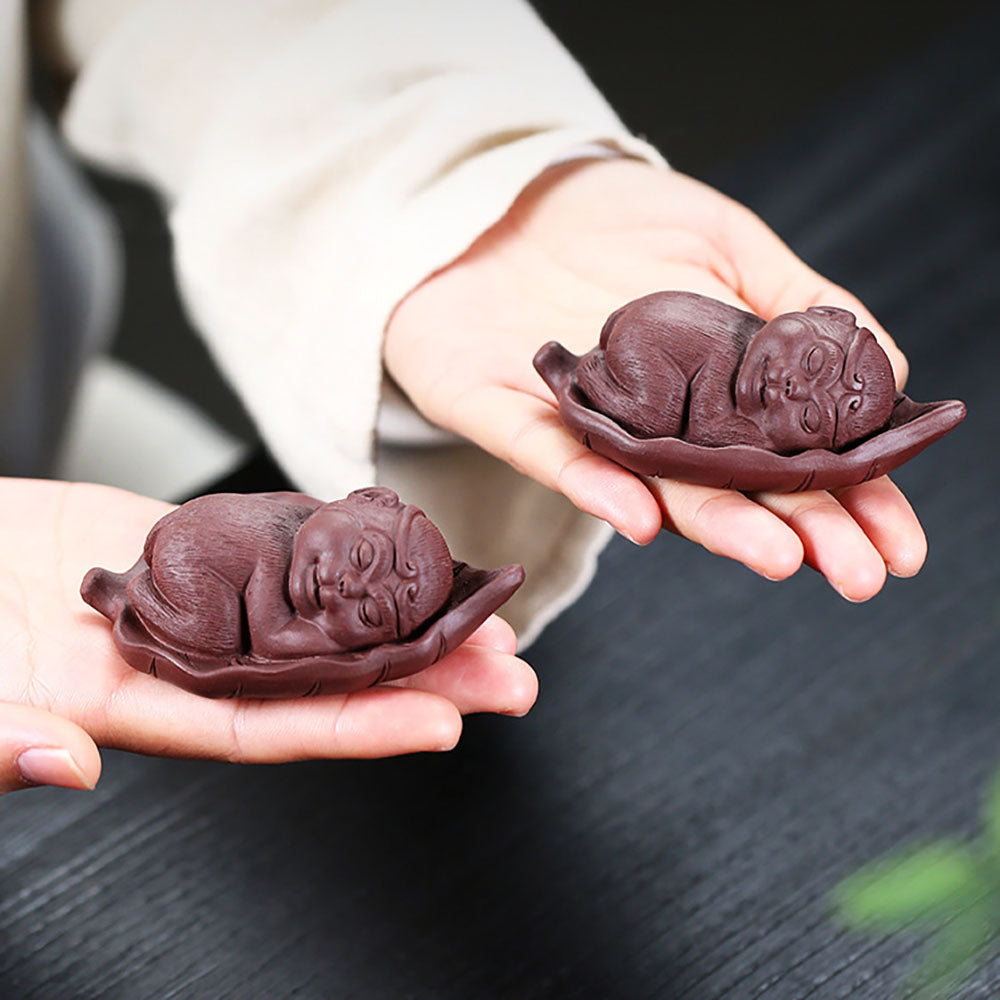 Tea Pet Zisha Clay Monkey on Bodhi Leaf – Yixing Handmade