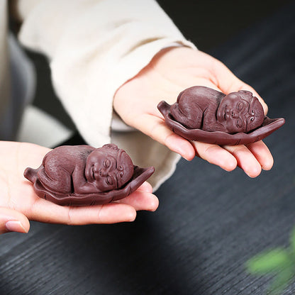 Tea Pet Zisha Clay Monkey on Bodhi Leaf – Yixing Handmade
