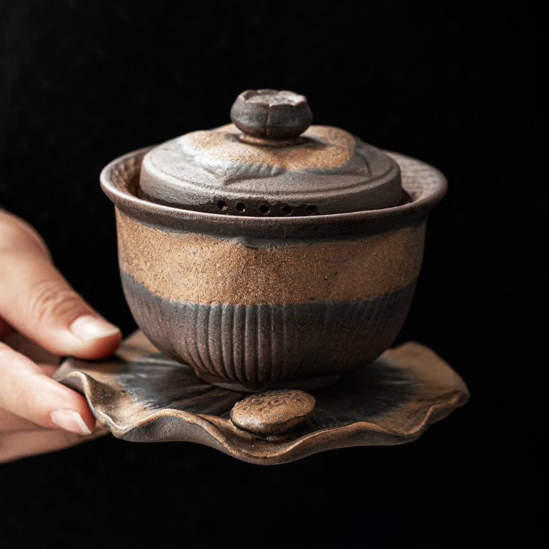 Gaiwan Teapot Lotus Coarse Pottery Handcrafted 200ml Tea Cup