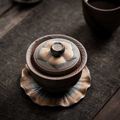 Gaiwan Teapot Lotus Coarse Pottery Handcrafted 200ml Tea Cup