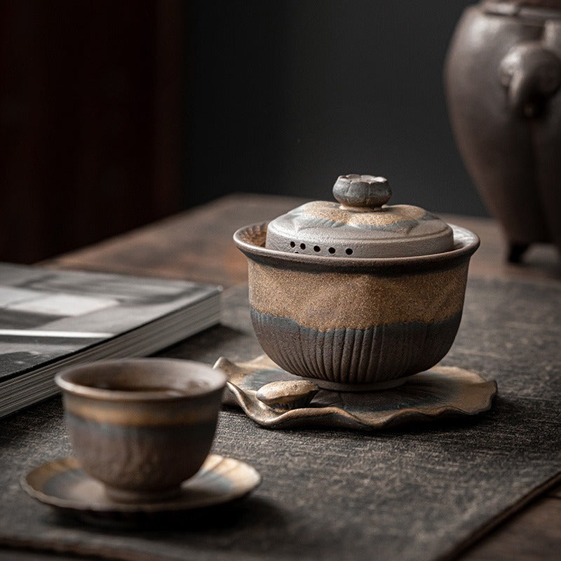 Gaiwan Teapot Lotus Coarse Pottery Handcrafted 200ml Tea Cup