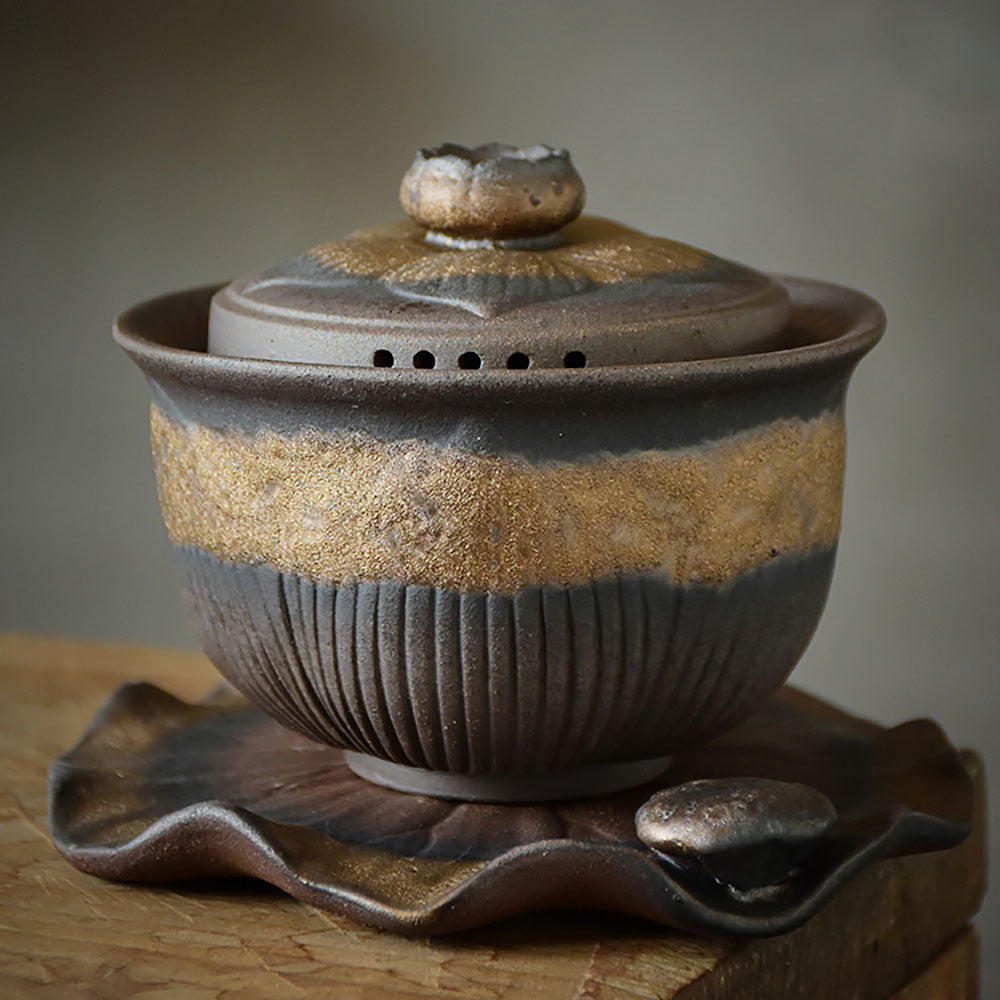 Gaiwan Teapot Lotus Coarse Pottery Handcrafted 200ml Tea Cup