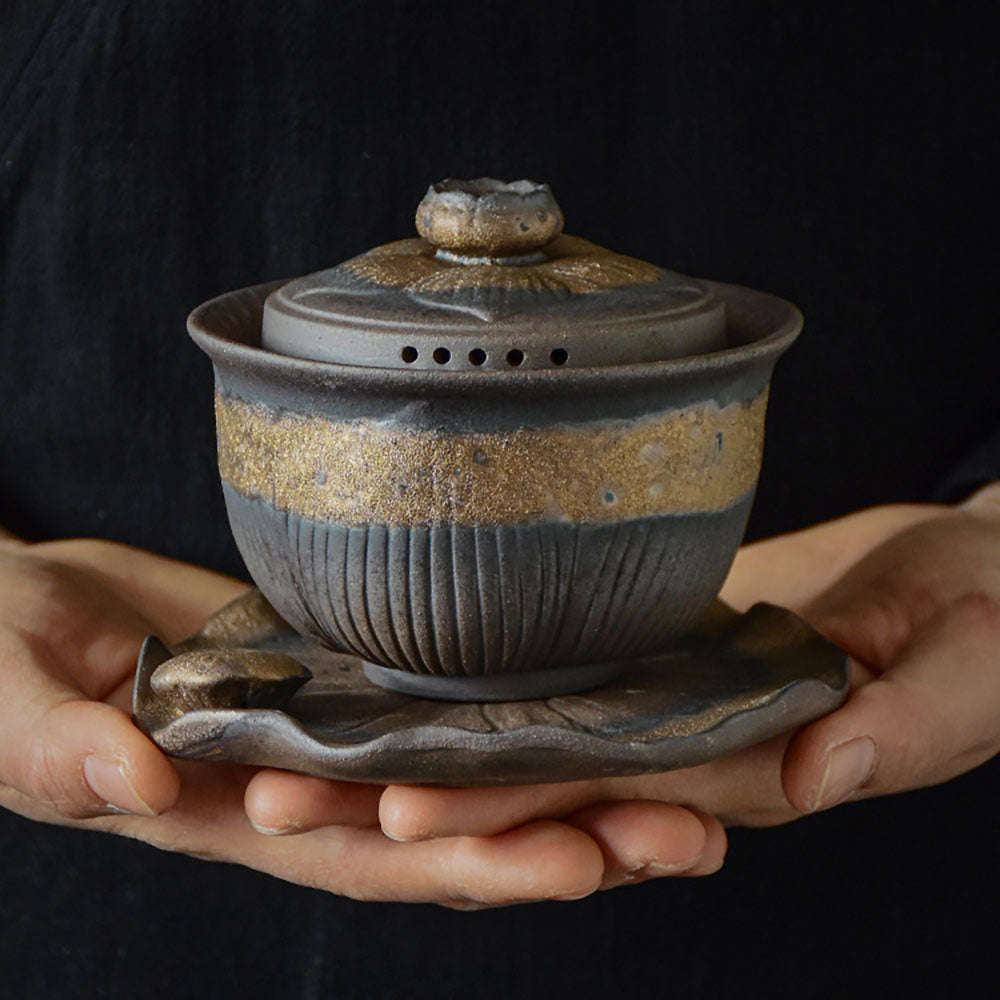 Gaiwan Teapot Lotus Coarse Pottery Handcrafted 200ml Tea Cup