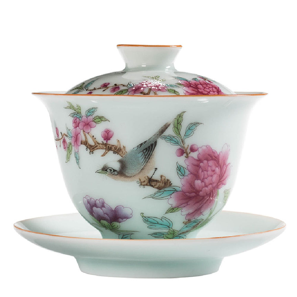 Chinese Gaiwan Tea Cup – Hand-Painted Flowers & Birds Porcelain with Gold Border, 175ml Gongfu Tea Set
