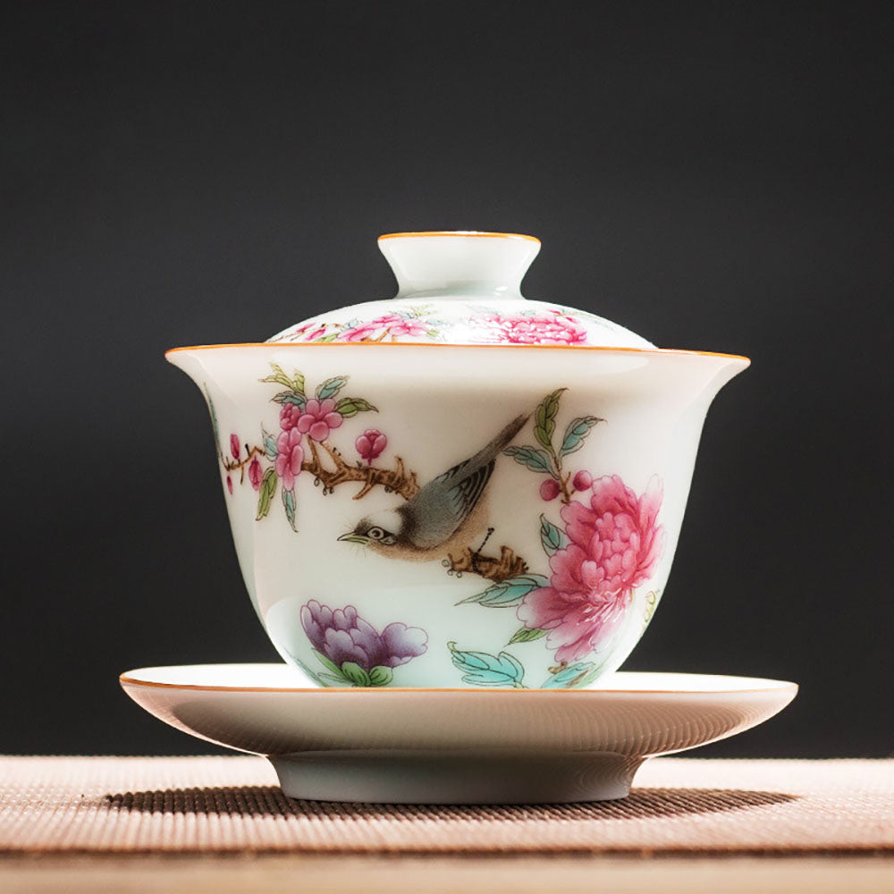 Chinese Gaiwan Tea Cup – Hand-Painted Flowers & Birds Porcelain with Gold Border, 175ml Gongfu Tea Set