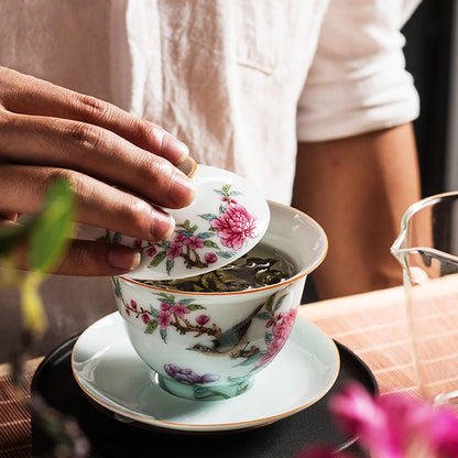 Chinese Gaiwan Tea Cup – Hand-Painted Flowers & Birds Porcelain with Gold Border, 175ml Gongfu Tea Set