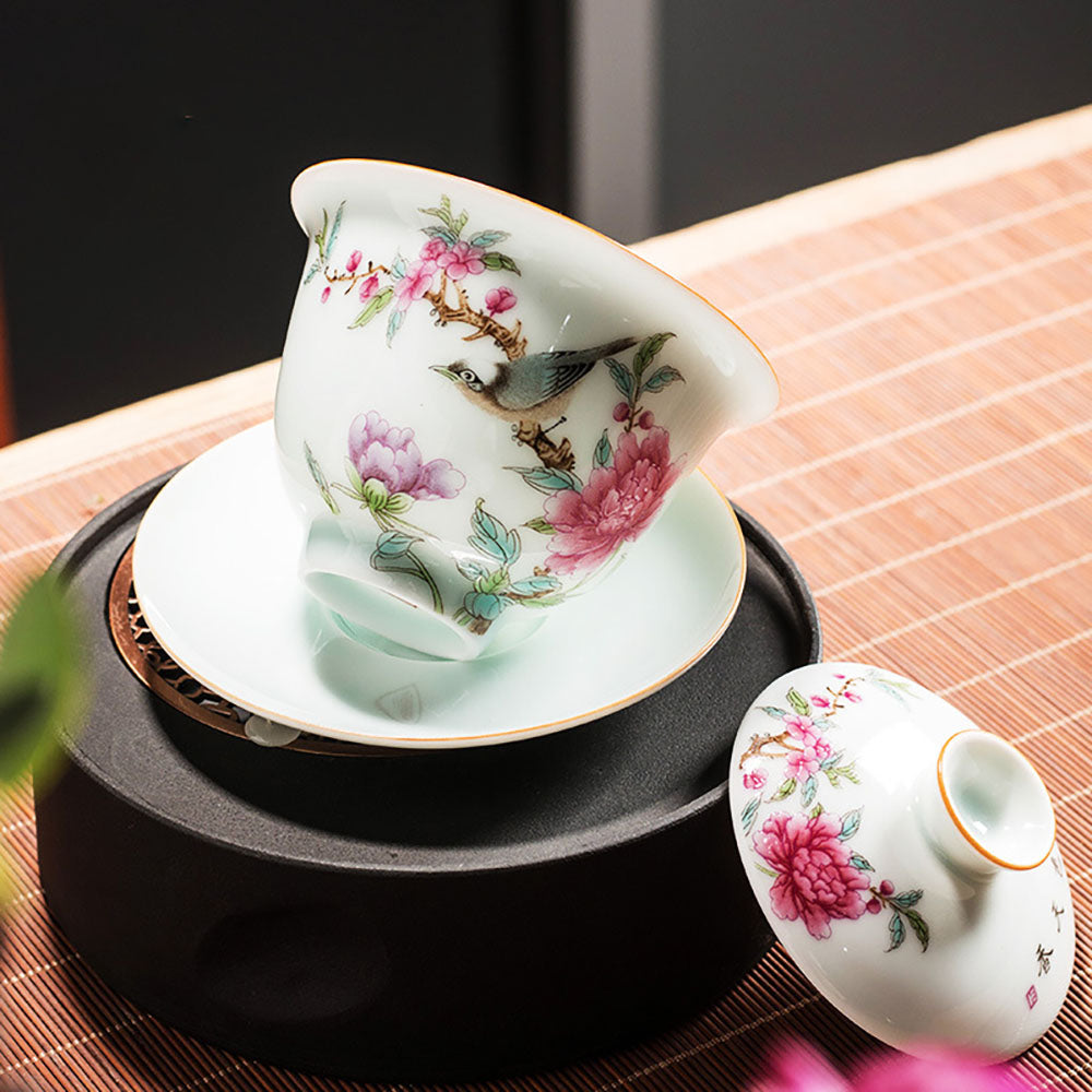 Chinese Gaiwan Tea Cup – Hand-Painted Flowers & Birds Porcelain with Gold Border, 175ml Gongfu Tea Set