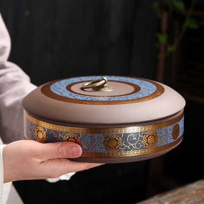 Tea Caddy Yixing Purple Clay Pu-erh Cake Flat Gold Floral 21cm