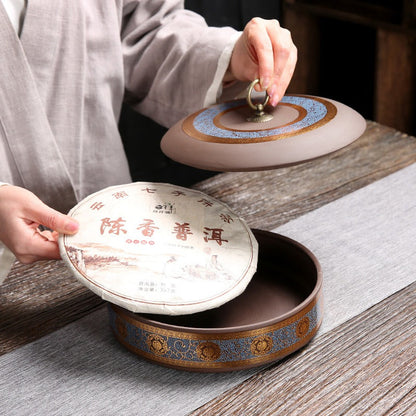 Tea Caddy Yixing Purple Clay Pu-erh Cake Flat Gold Floral 21cm