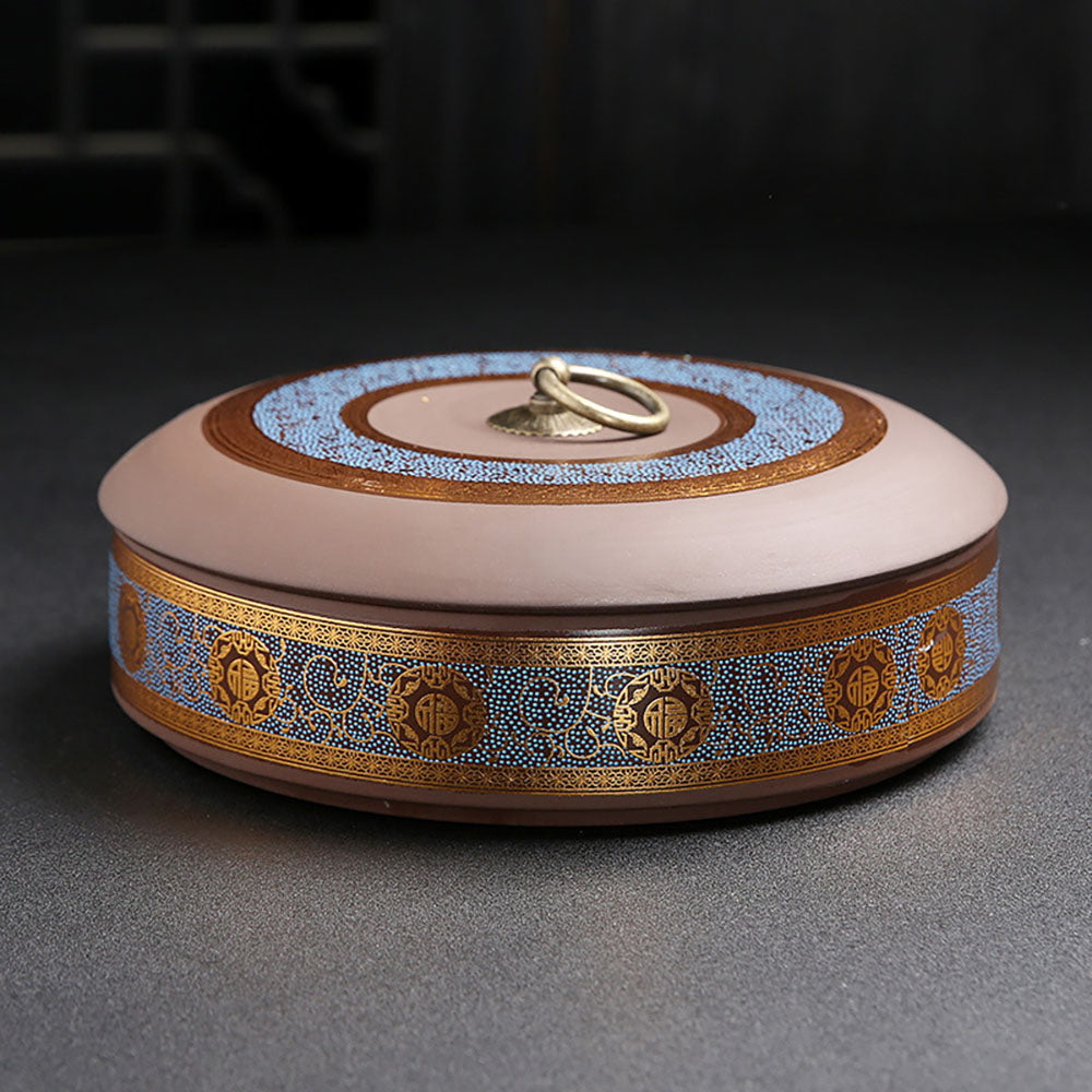 Tea Caddy Yixing Purple Clay Pu-erh Cake Flat Gold Floral 21cm