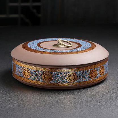 Tea Caddy Yixing Purple Clay Pu-erh Cake Flat Gold Floral 21cm