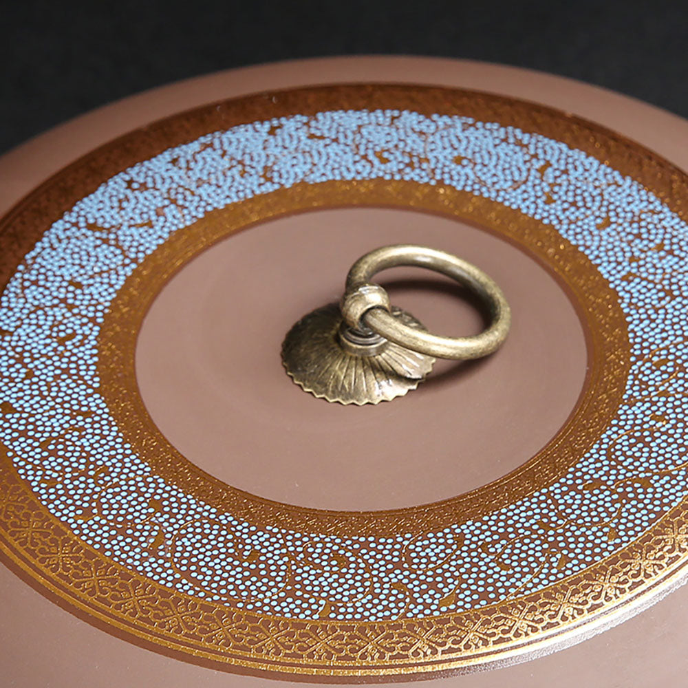 Tea Caddy Yixing Purple Clay Pu-erh Cake Flat Gold Floral 21cm