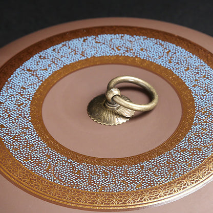 Tea Caddy Yixing Purple Clay Pu-erh Cake Flat Gold Floral 21cm