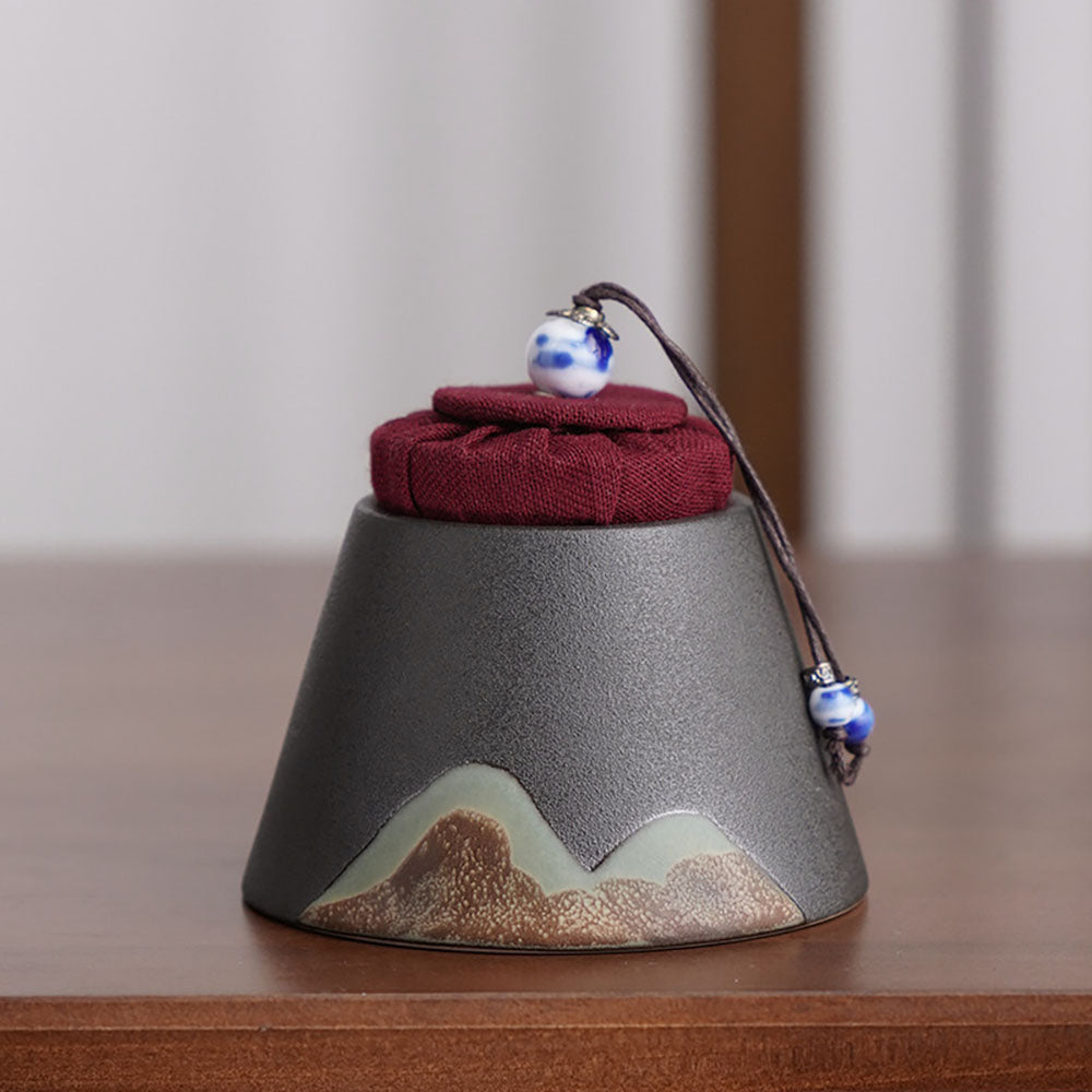 Tea Caddy Japanese Mountain Ceramic Kiln Glaze 130ml Airtight Jar