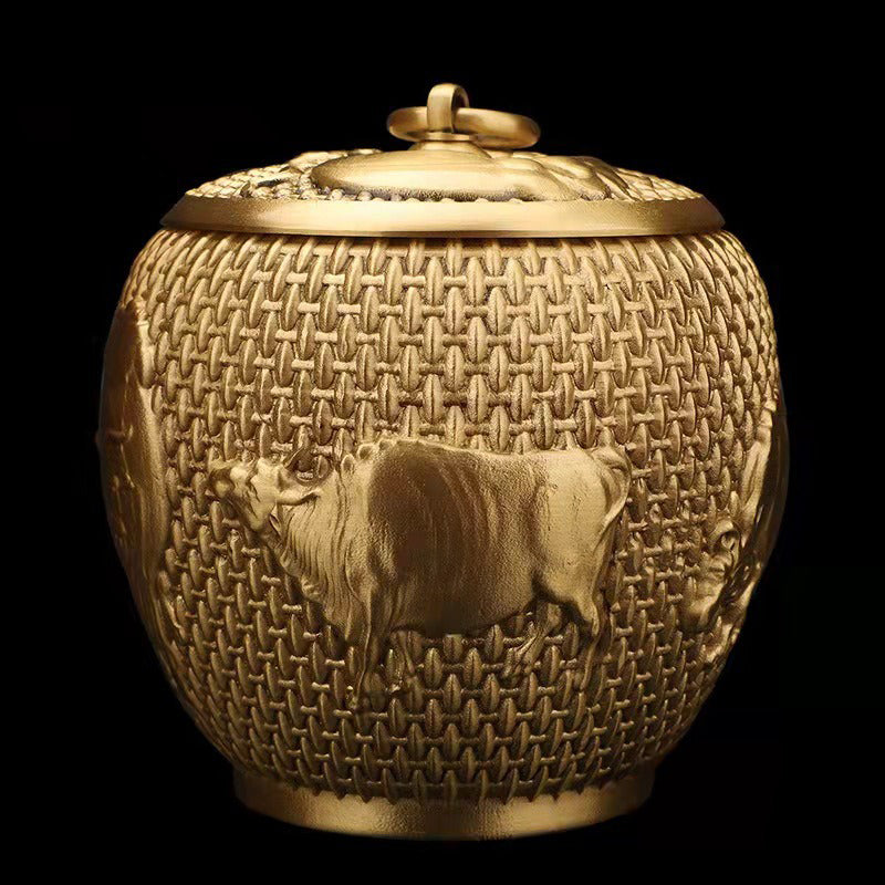 Airtight Brass Tea Caddy | Five Cattle Sculpture Design
