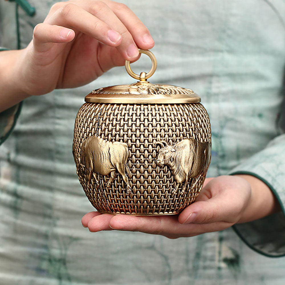 Airtight Brass Tea Caddy | Five Cattle Sculpture Design