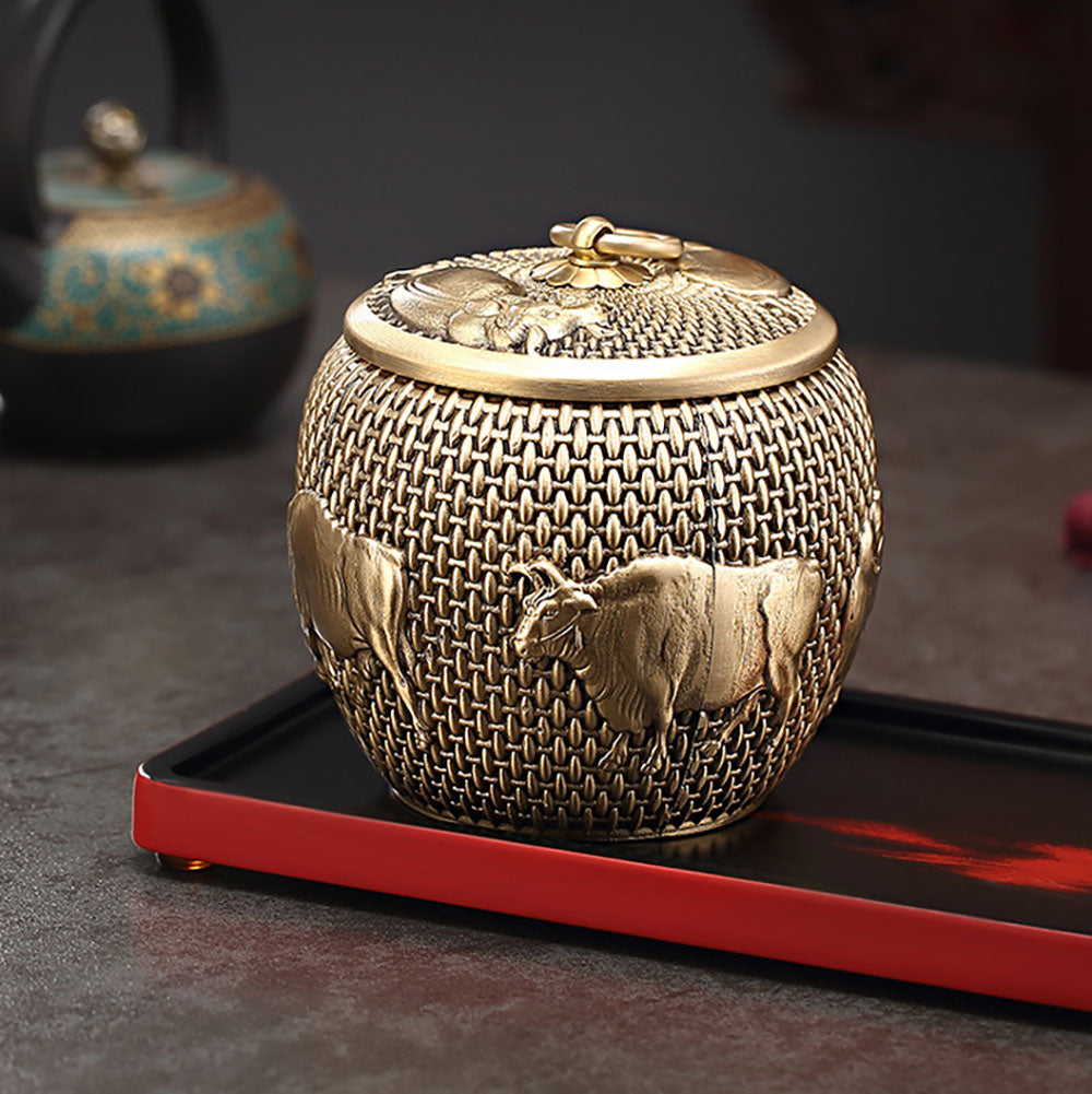 Airtight Brass Tea Caddy | Five Cattle Sculpture Design