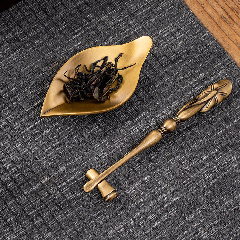 Brass Cha He Tea Holder with Lotus Spoon Set