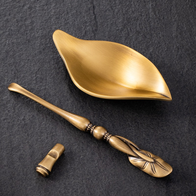 Brass Cha He Tea Holder with Lotus Spoon Set