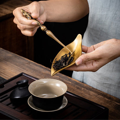 Brass Cha He Tea Holder with Lotus Spoon Set