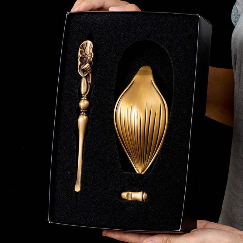 Brass Cha He Tea Holder with Lotus Spoon Set